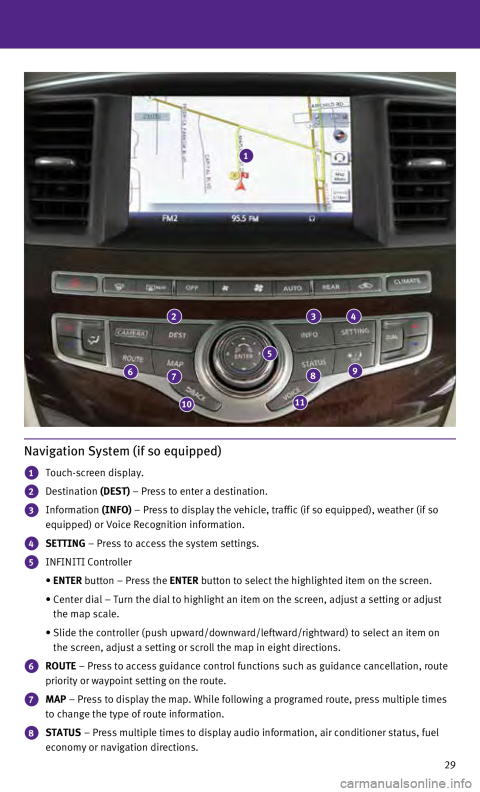INFINITI QX60 HYBRID 2015  Quick Reference Guide 29
Navigation System (if so equipped)
1 Touch-screen display.
2 Destination (DEST) – Press to enter a destination.
3  Information  (INFO) – Press to display the vehicle, traffic (if so equipped), 