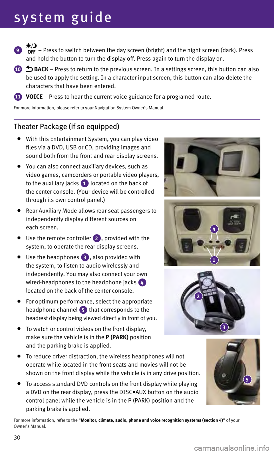 INFINITI QX60 HYBRID 2015  Quick Reference Guide 30
system guide
Theater Package (if so equipped)
   With this Entertainment System, you can play video  
files via a DVD, USB or CD, providing images and 
sound both from the front and rear display sc