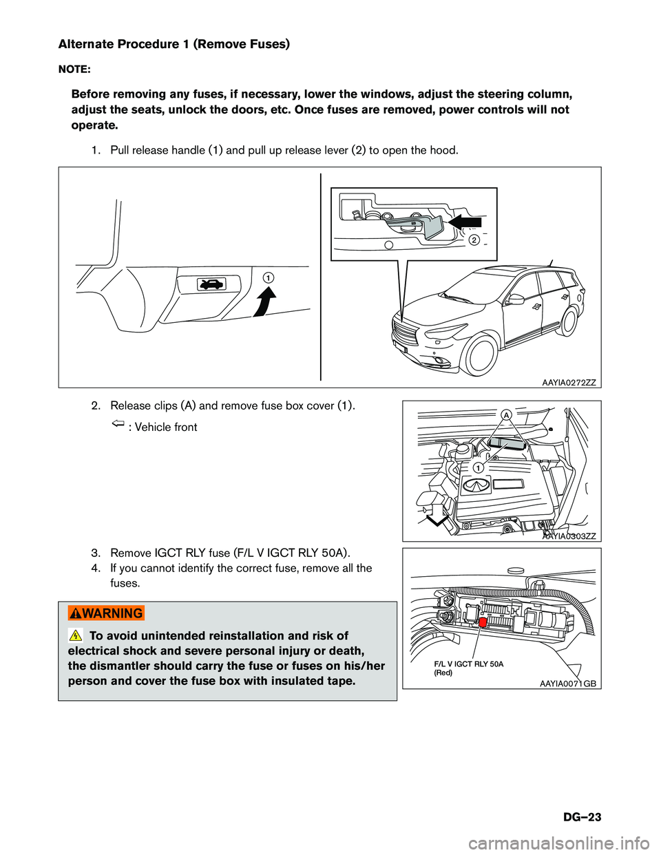 INFINITI QX60 HYBRID 2015  Dismantling Guide Alternate Procedure 1 (Remove Fuses) 
NOTE:Before removing any fuses, if necessary, lower the windows, adjust the steering column, 
adjust the seats, unlock the doors, etc. Once fuses are removed, pow
