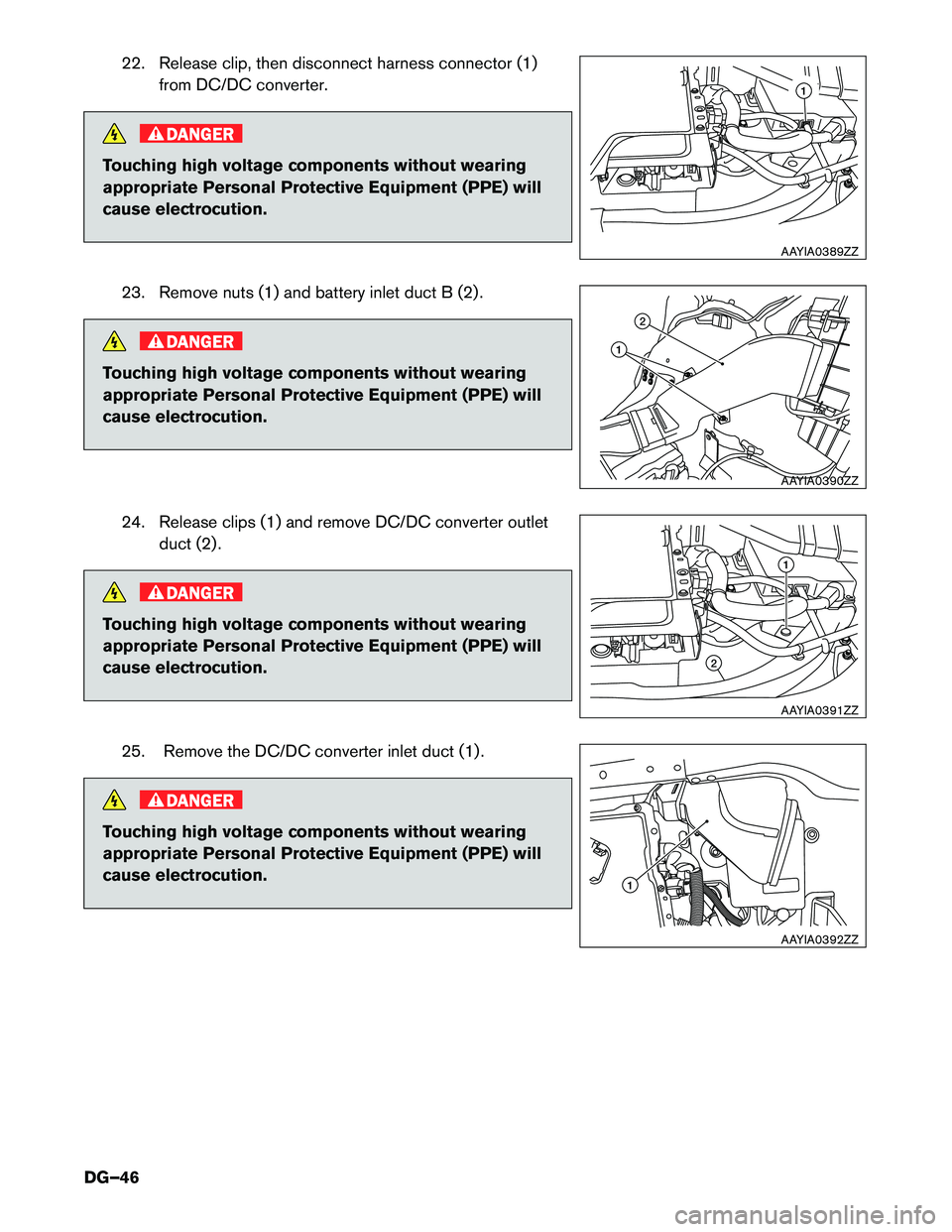 INFINITI QX60 HYBRID 2015  Dismantling Guide 22. Release clip, then disconnect harness connector (1)from DC/DC converter.
DANGER
Touching high voltage components without wearing 
appropriate Personal Protective Equipment (PPE) will
cause electro