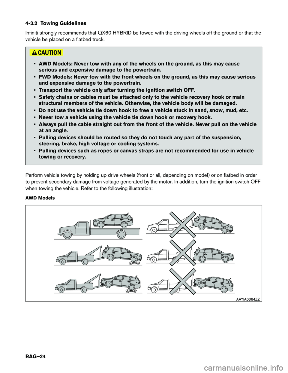 INFINITI QX60 HYBRID 2015  Roadside Assistance Guide 4-3.2 Towing Guidelines 
Infiniti strongly recommends that QX60 HYBRID be towed with the driving wheels off the ground or that the 
vehicle be placed on a flatbed truck.
• AWD Models: Never tow with