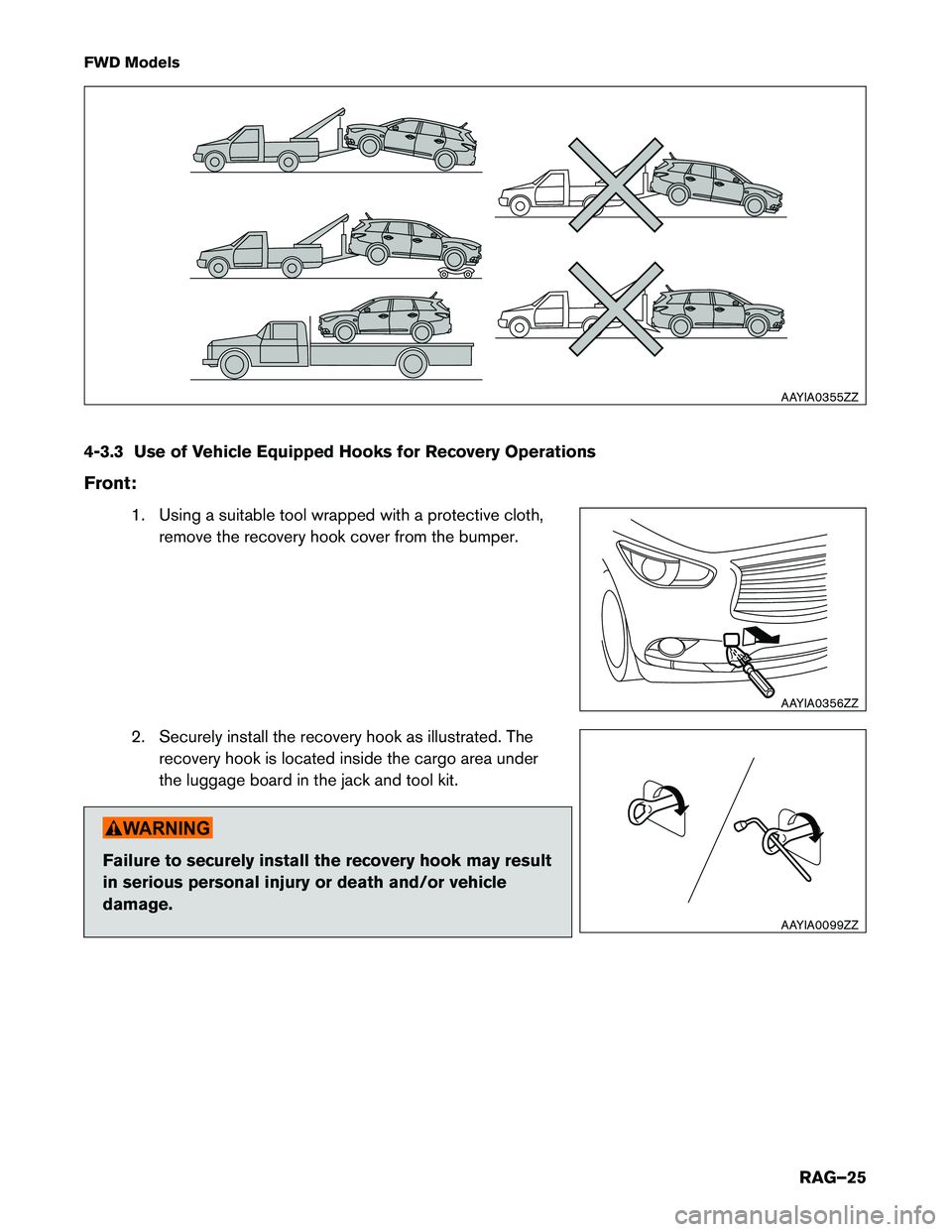 INFINITI QX60 HYBRID 2015  Roadside Assistance Guide FWD Models 
4-3.3 Use of Vehicle Equipped Hooks for Recovery Operations 
Front:1. Using a suitable tool wrapped with a protective cloth,remove the recovery hook cover from the bumper.
2. Securely inst