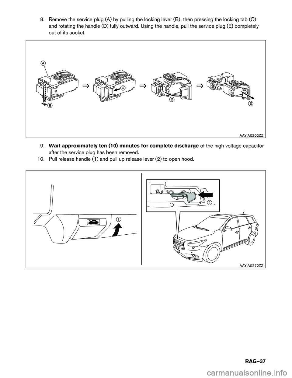 INFINITI QX60 HYBRID 2015  Roadside Assistance Guide 8. Remove the service plug (A) by pulling the locking lever (B) , then pressing the locking tab (C)and rotating the handle (D) fully outward. Using the handle, pull the service plug (E) completely 
ou