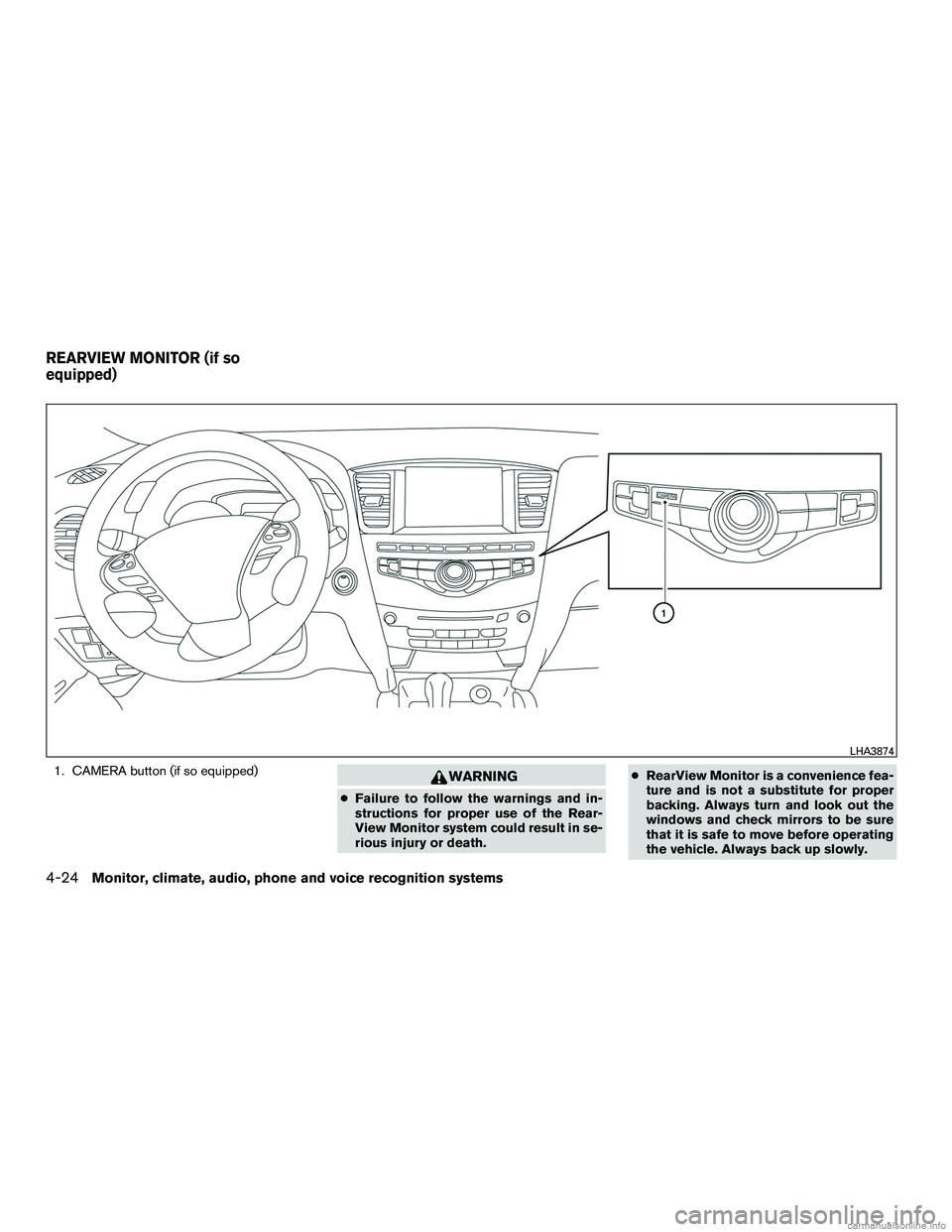 INFINITI QX60 HYBRID 2016  Owners Manual 1. CAMERA button (if so equipped)WARNING
●Failure to follow the warnings and in-
structions for proper use of the Rear-
View Monitor system could result in se-
rious injury or death. ●
RearView Mo