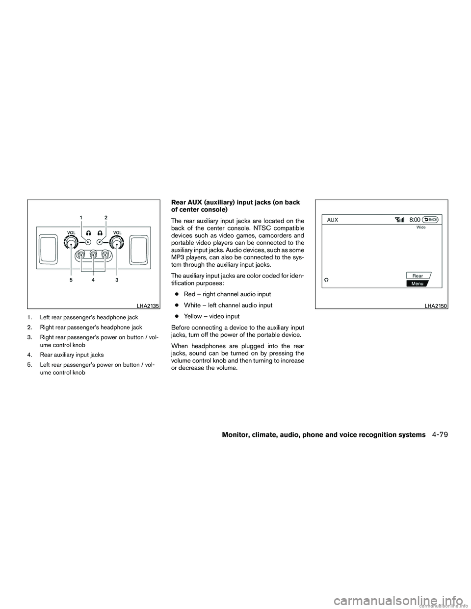 INFINITI QX60 HYBRID 2016 Owners Manual 1. Left rear passenger’s headphone jack
2. Right rear passenger’s headphone jack
3. Right rear passenger’s power on button / vol-ume control knob
4. Rear auxiliary input jacks
5. Left rear passe INFINITI QX60 HYBRID 2016 Owners Manual 1. Left rear passenger’s headphone jack
2. Right rear passenger’s headphone jack
3. Right rear passenger’s power on button / vol-ume control knob
4. Rear auxiliary input jacks
5. Left rear passe