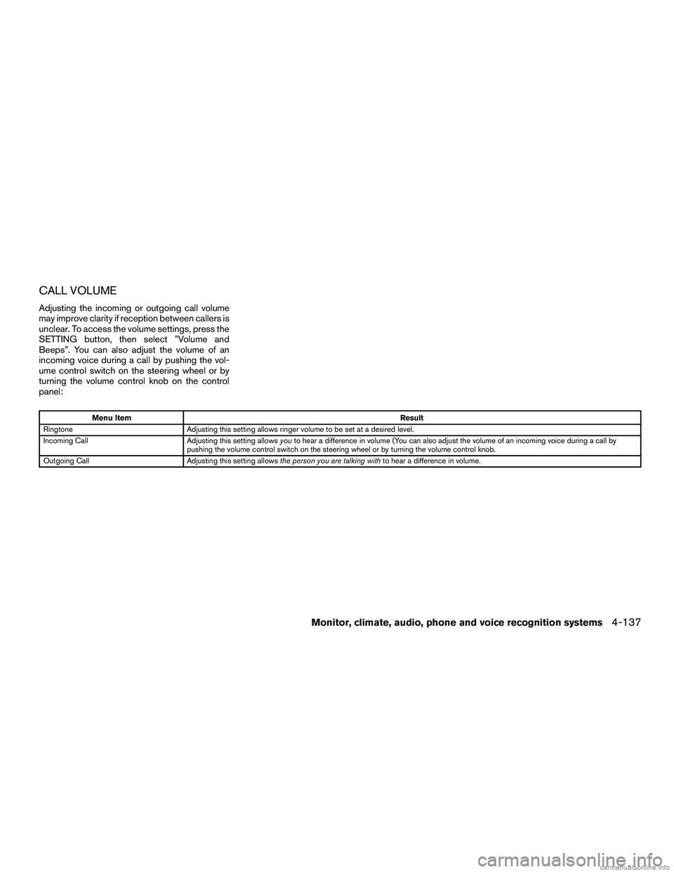 INFINITI QX60 HYBRID 2016  Owners Manual CALL VOLUME
Adjusting the incoming or outgoing call volume
may improve clarity if reception between callers is
unclear. To access the volume settings, press the
SETTING button, then select ”Volume a