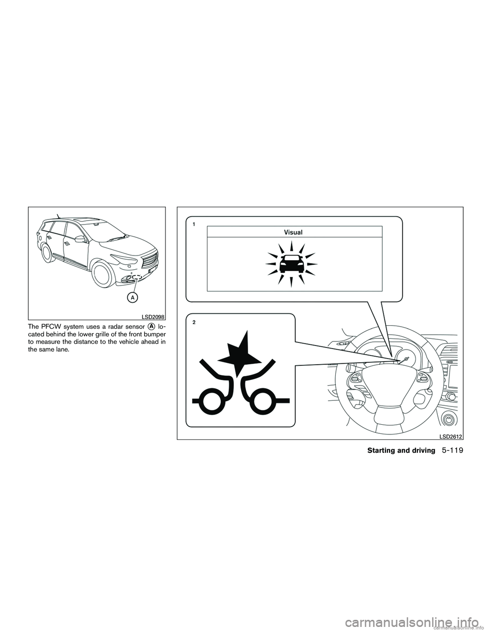INFINITI QX60 HYBRID 2016  Owners Manual The PFCW system uses a radar sensorAlo-
cated behind the lower grille of the front bumper
to measure the distance to the vehicle ahead in
the same lane.
LSD2098
LSD2612
Starting and driving5-119 