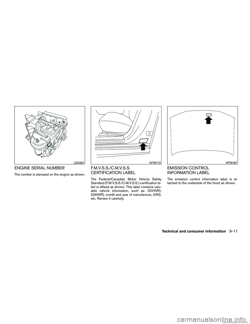 INFINITI QX60 HYBRID 2016  Owners Manual ENGINE SERIAL NUMBER
The number is stamped on the engine as shown.
F.M.V.S.S./C.M.V.S.S.
CERTIFICATION LABEL
The Federal/Canadian Motor Vehicle Safety
Standard (F.M.V.S.S./C.M.V.S.S.) certification la