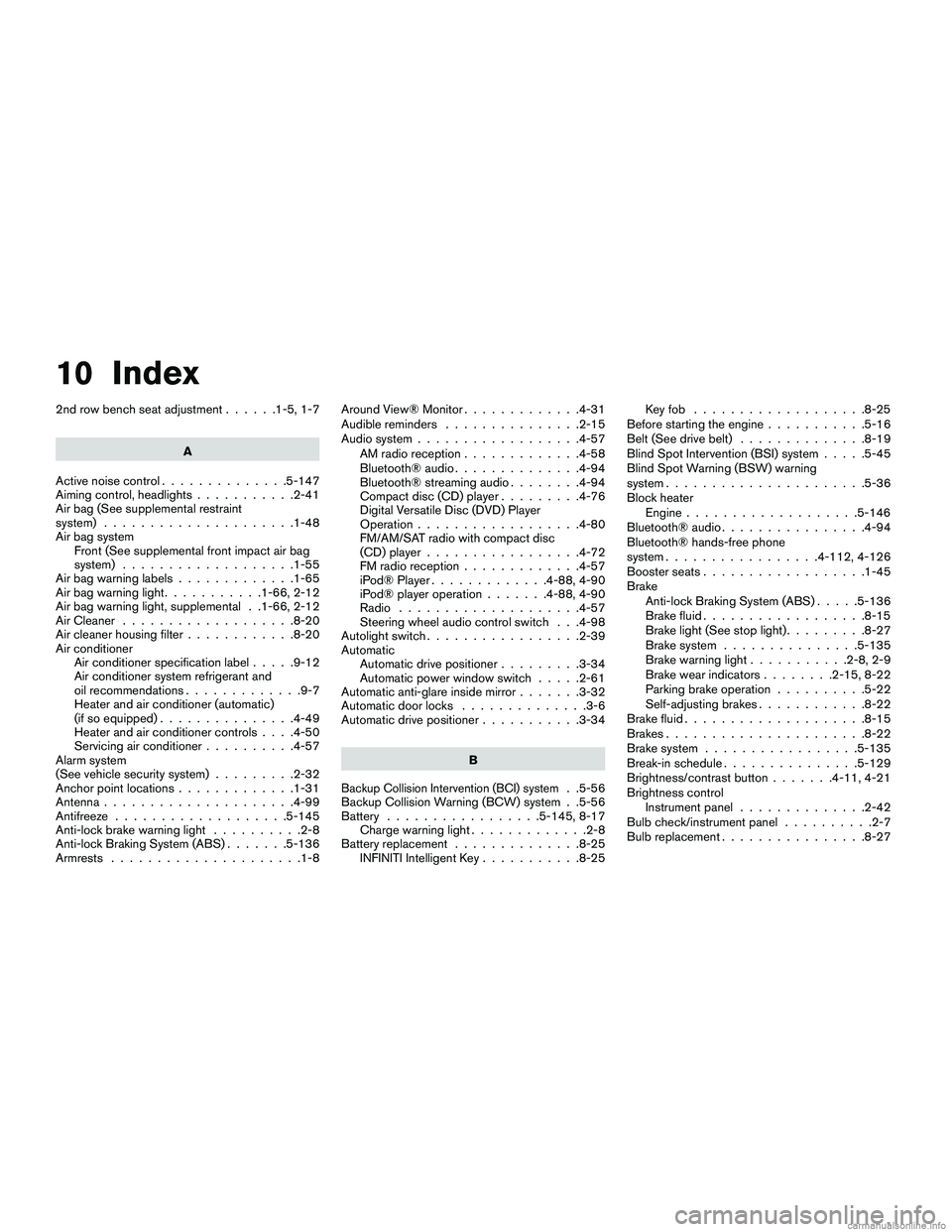 INFINITI QX60 HYBRID 2016 Workshop Manual 10 Index
2nd row bench seat adjustment......1-5, 1-7
A
Active noise control ..............5-147
Aiming control, headlights ...........2-41
Air bag (See supplemental restraint
system) ................. INFINITI QX60 HYBRID 2016 Workshop Manual 10 Index
2nd row bench seat adjustment......1-5, 1-7
A
Active noise control ..............5-147
Aiming control, headlights ...........2-41
Air bag (See supplemental restraint
system) .................
