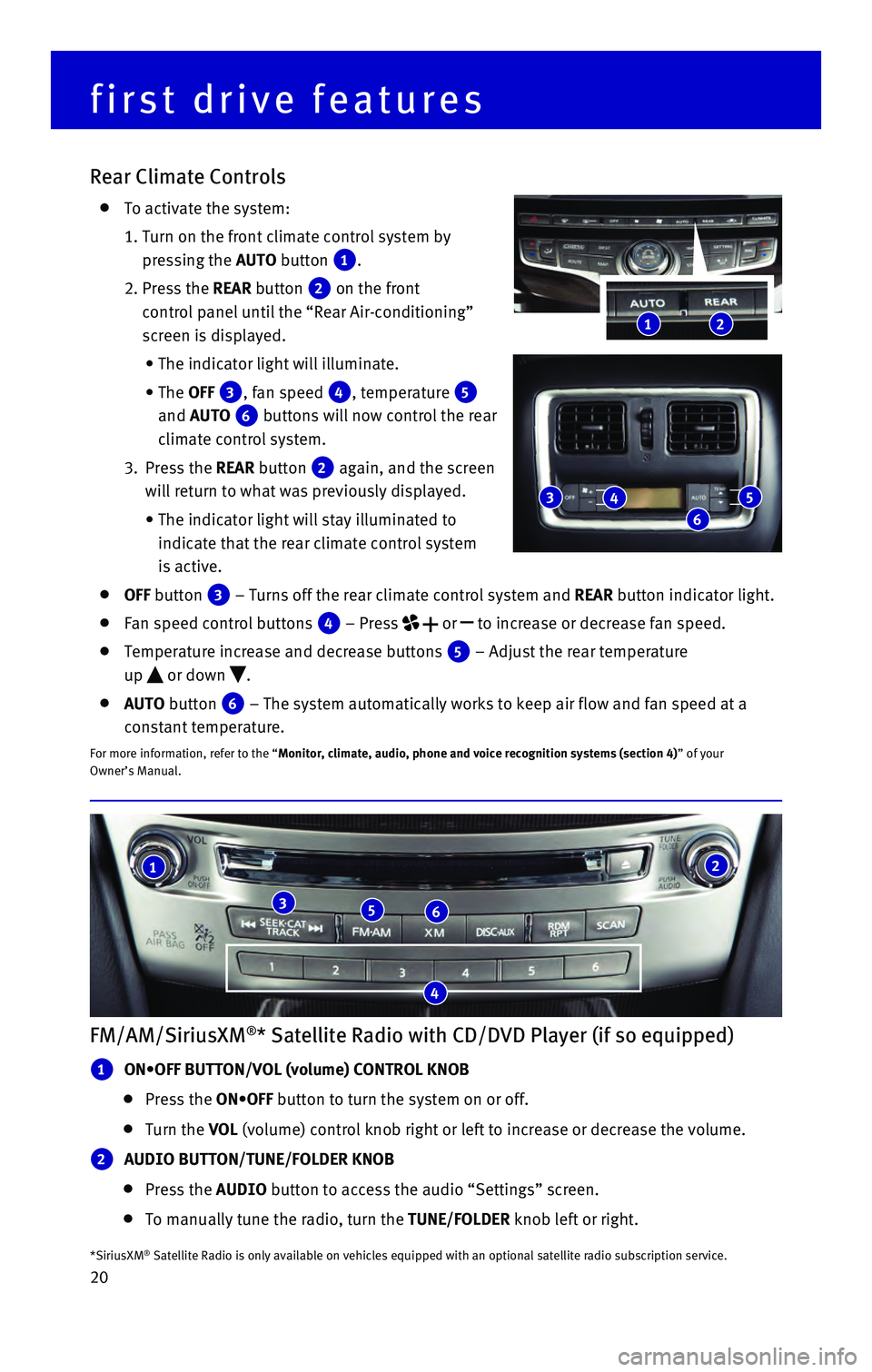 INFINITI QX60 HYBRID 2016  Quick Reference Guide 20
FM/AM/SiriusXM®* Satellite Radio with CD/DVD Player (if so equipped)
1 ON•OFF BUTTON/VOL (volume) CONTROL KNOB
      Press  the ON•OFF button to turn the system on or off.
     Turn  the VOL (