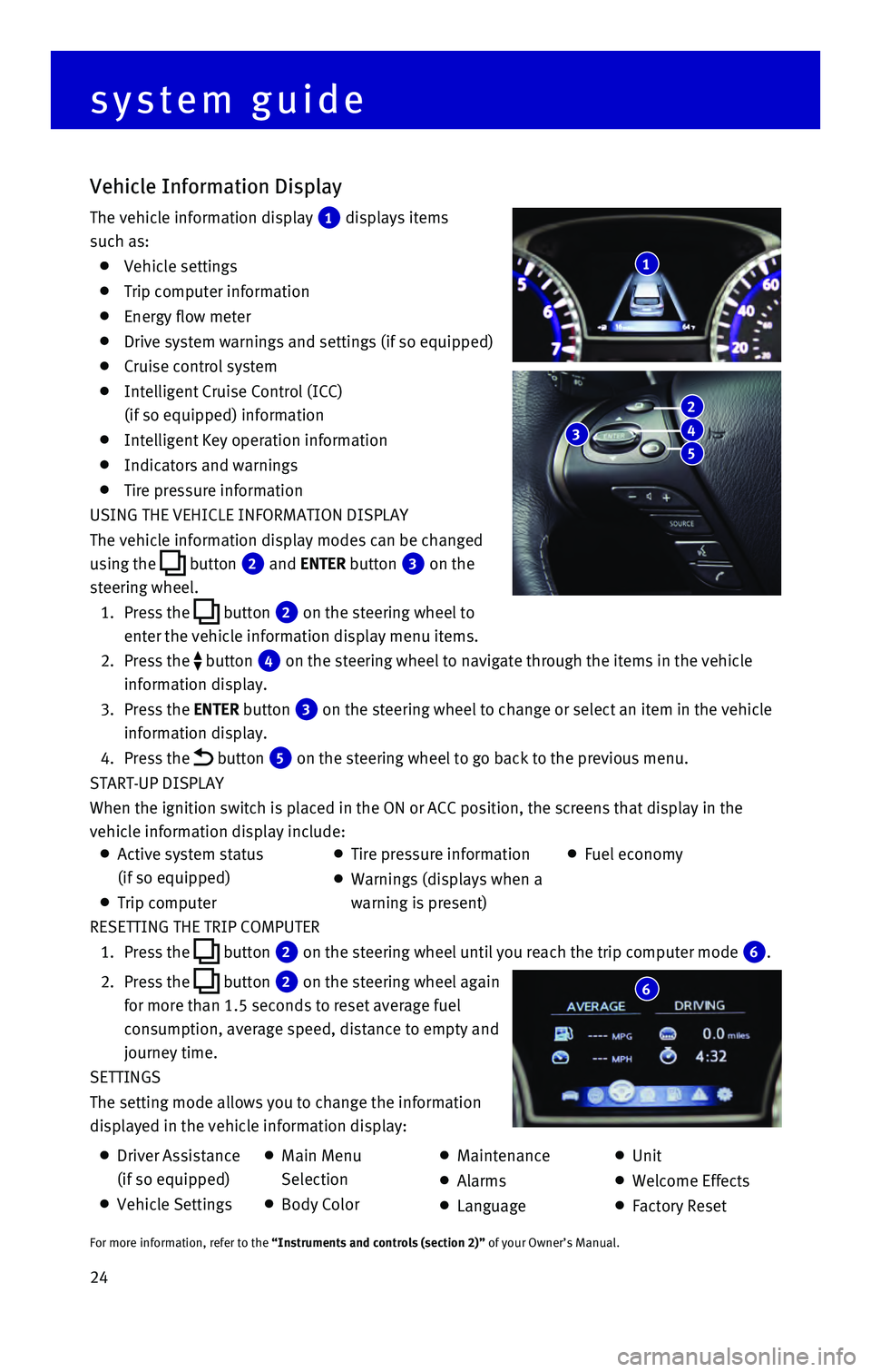 INFINITI QX60 HYBRID 2016  Quick Reference Guide 24 RESETTING THE TRIP COMPUTER
 1.   Press  the  button 2 on the steering wheel until you reach the trip computer mode 6.
 2.    Press the  button 2 on the steering wheel again 
for more than 1.5 seco