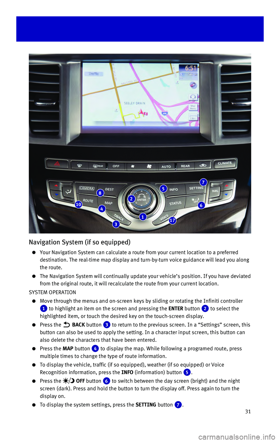 INFINITI QX60 HYBRID 2016 Quick Reference Guide 31
Navigation System (if so equipped)
Your Navigation System can calculate a route from your current location \
to a preferred
destination. The real-time map display and turn-by-turn voice guidan INFINITI QX60 HYBRID 2016 Quick Reference Guide 31
Navigation System (if so equipped)
Your Navigation System can calculate a route from your current location \
to a preferred
destination. The real-time map display and turn-by-turn voice guidan