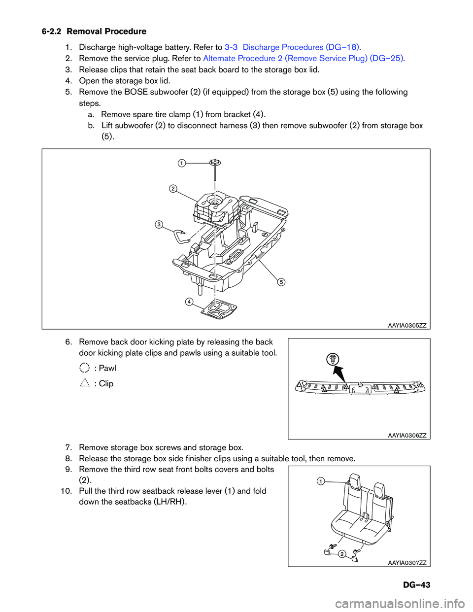 INFINITI QX60 HYBRID 2016 Dismantling Guide 6-2.2 Removal Procedure
1. Discharge high-voltage battery. Refer to 3-3 Discharge Procedures (DG–18).
2.
Remove the service plug. Refer to Alternate Procedure 2 (Remove Service Plug) (DG–25).
3.
INFINITI QX60 HYBRID 2016 Dismantling Guide 6-2.2 Removal Procedure
1. Discharge high-voltage battery. Refer to 3-3 Discharge Procedures (DG–18).
2.
Remove the service plug. Refer to Alternate Procedure 2 (Remove Service Plug) (DG–25).
3.