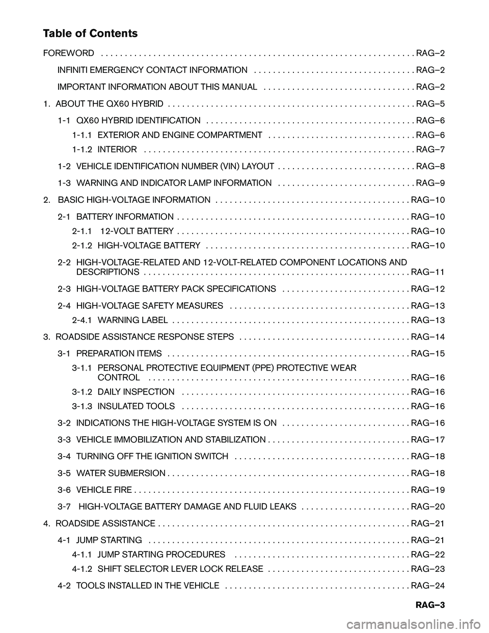 INFINITI QX60 HYBRID 2016  Roadside Assistance Guide Table of Contents
FOREWORD
. . . . . . . . . . . . . . . . . . . . . . . . . . . . . . . . . . . . . . . . . . . . . . . . . . . . . . . . . . . . . . . . . . RAG–2
INFINITI EMERGENCY CONTACT INFORM