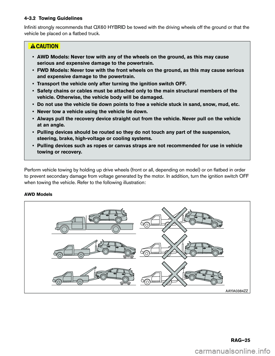 INFINITI QX60 HYBRID 2016  Roadside Assistance Guide 4-3.2 Towing Guidelines
Infiniti
strongly recommends that QX60 HYBRID be towed with the driving wheels off the ground or that the
vehicle be placed on a flatbed truck. • AWD Models: Never tow with a