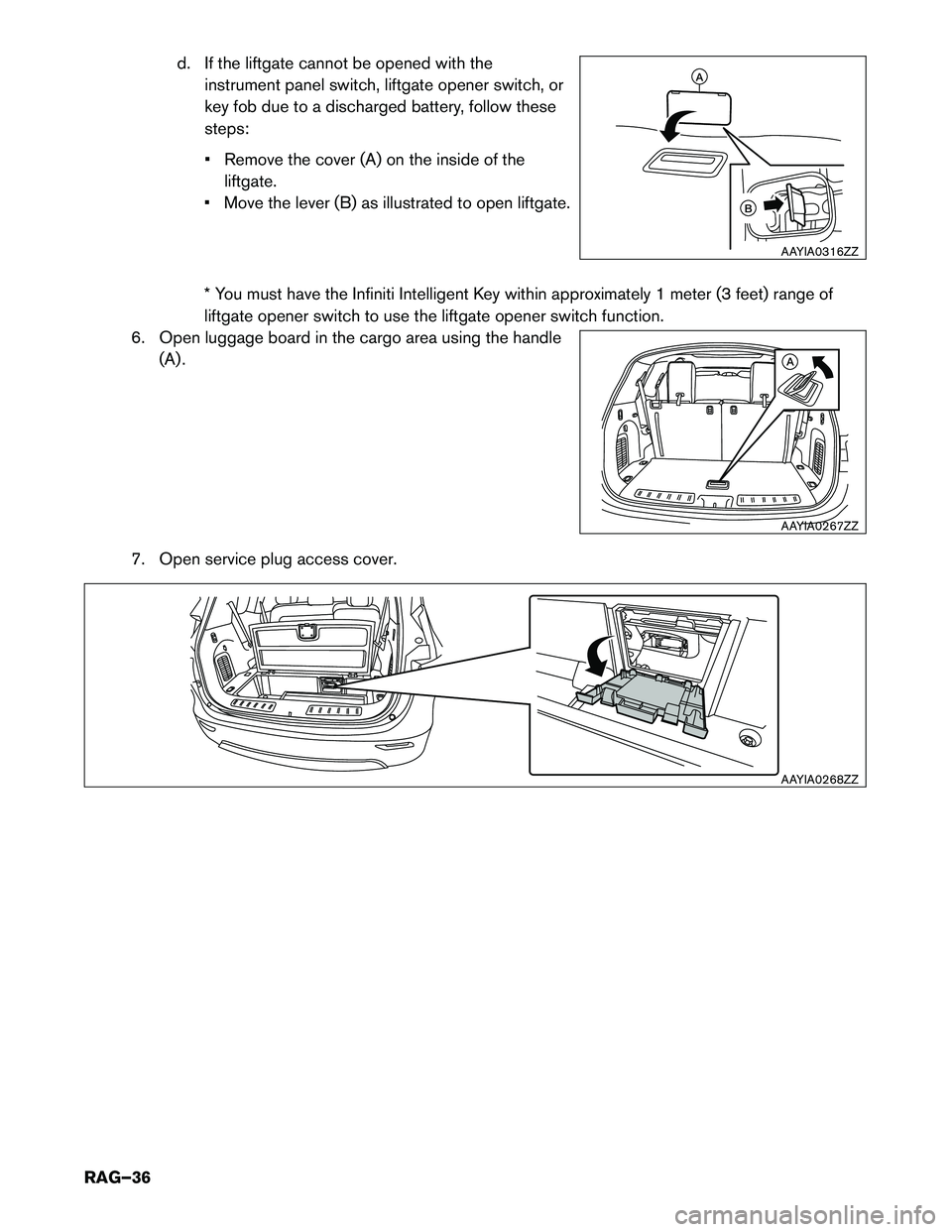 INFINITI QX60 HYBRID 2016  Roadside Assistance Guide d. If the liftgate cannot be opened with the
instrument panel switch, liftgate opener switch, or
key fob due to a discharged battery, follow these
steps:
• Remove the cover (A) on the inside of the 