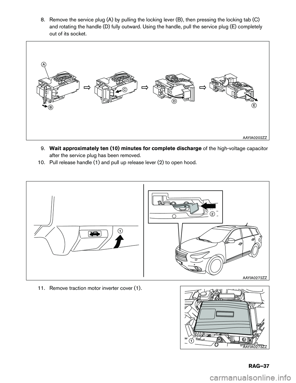 INFINITI QX60 HYBRID 2016 Roadside Assistance Guide 8. Remove the service plug (A) by pulling the locking lever (B) , then pressing the locking tab (C)
and rotating the handle (D) fully outward. Using the handle, pull the service plug (E) completely
ou INFINITI QX60 HYBRID 2016 Roadside Assistance Guide 8. Remove the service plug (A) by pulling the locking lever (B) , then pressing the locking tab (C)
and rotating the handle (D) fully outward. Using the handle, pull the service plug (E) completely
ou