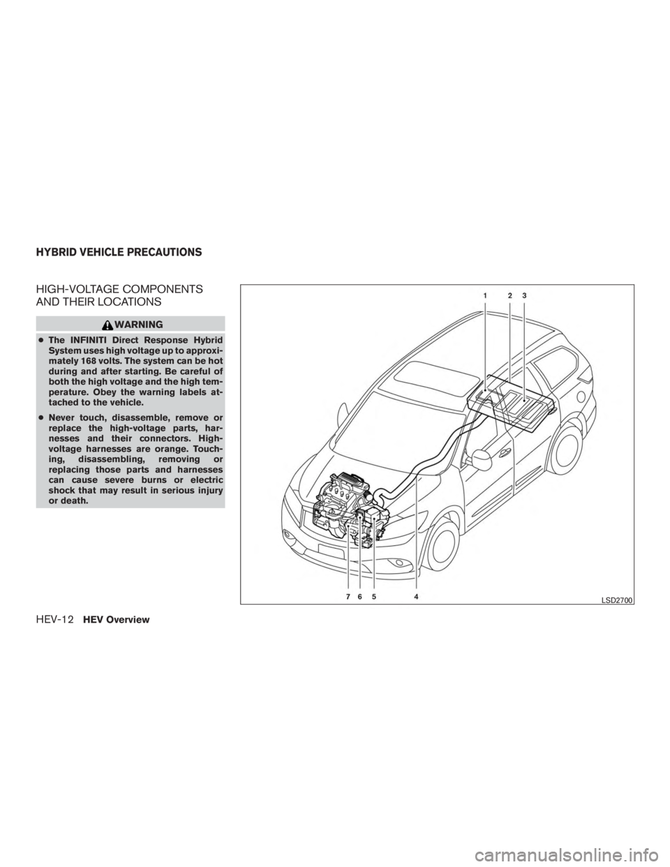 INFINITI QX60 HYBRID 2017  Owners Manual HIGH-VOLTAGE COMPONENTS
AND THEIR LOCATIONS
WARNING
●The INFINITI Direct Response Hybrid
System uses high voltage up to approxi-
mately 168 volts. The system can be hot
during and after starting. Be