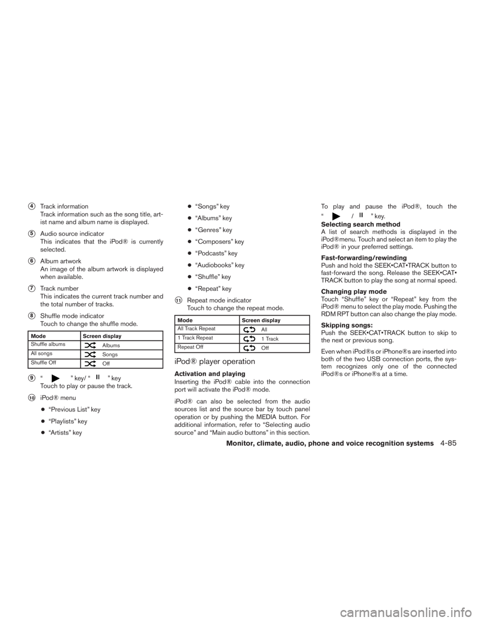 INFINITI QX60 HYBRID 2017 User Guide 4Track information
Track information such as the song title, art-
ist name and album name is displayed.
5Audio source indicator
This indicates that the iPod® is currently
selected.
6Album artwork
