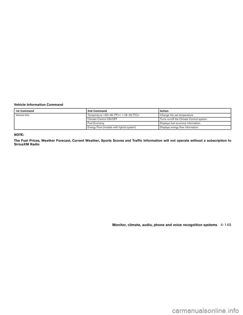 INFINITI QX60 HYBRID 2017 Owners Manual Vehicle Information Command
1st Command2nd Command Action
Vehicle Info. Temperature <60–90 (°F)>/ <18–32 (°C)> Change the set temperature.
Climate Control ON/OFF Turns on/off the Climate Control INFINITI QX60 HYBRID 2017 Owners Manual Vehicle Information Command
1st Command2nd Command Action
Vehicle Info. Temperature <60–90 (°F)>/ <18–32 (°C)> Change the set temperature.
Climate Control ON/OFF Turns on/off the Climate Control