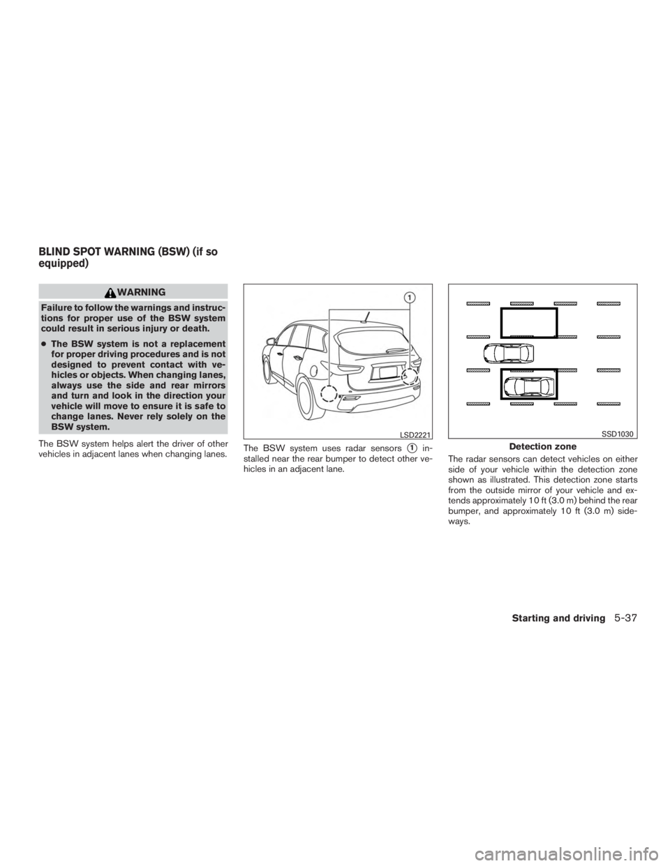 INFINITI QX60 HYBRID 2017 Owners Guide WARNING
Failure to follow the warnings and instruc-
tions for proper use of the BSW system
could result in serious injury or death.
●The BSW system is not a replacement
for proper driving procedures INFINITI QX60 HYBRID 2017 Owners Guide WARNING
Failure to follow the warnings and instruc-
tions for proper use of the BSW system
could result in serious injury or death.
●The BSW system is not a replacement
for proper driving procedures
