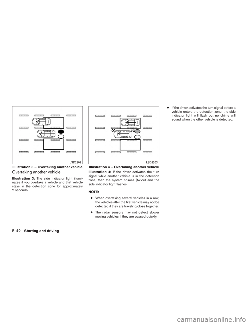 INFINITI QX60 HYBRID 2017 Owners Guide Overtaking another vehicle
Illustration 3:The side indicator light illumi-
nates if you overtake a vehicle and that vehicle
stays in the detection zone for approximately
2 seconds. Illustration 4:
If INFINITI QX60 HYBRID 2017 Owners Guide Overtaking another vehicle
Illustration 3:The side indicator light illumi-
nates if you overtake a vehicle and that vehicle
stays in the detection zone for approximately
2 seconds. Illustration 4:
If