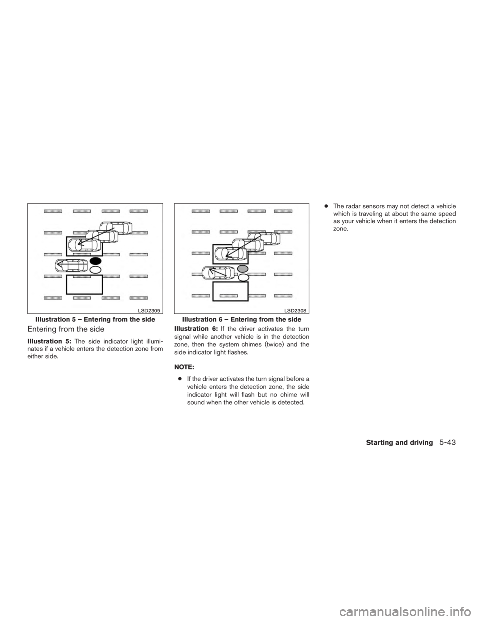 INFINITI QX60 HYBRID 2017 Owners Guide Entering from the side
Illustration 5:The side indicator light illumi-
nates if a vehicle enters the detection zone from
either side. Illustration 6:
If the driver activates the turn
signal while anot INFINITI QX60 HYBRID 2017 Owners Guide Entering from the side
Illustration 5:The side indicator light illumi-
nates if a vehicle enters the detection zone from
either side. Illustration 6:
If the driver activates the turn
signal while anot
