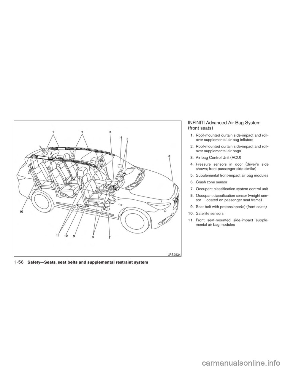 INFINITI QX60 HYBRID 2017 Owners Manual INFINITI Advanced Air Bag System
(front seats)
1. Roof-mounted curtain side-impact and roll-over supplemental air bag inflators
2. Roof-mounted curtain side-impact and roll- over supplemental air bags INFINITI QX60 HYBRID 2017 Owners Manual INFINITI Advanced Air Bag System
(front seats)
1. Roof-mounted curtain side-impact and roll-over supplemental air bag inflators
2. Roof-mounted curtain side-impact and roll- over supplemental air bags