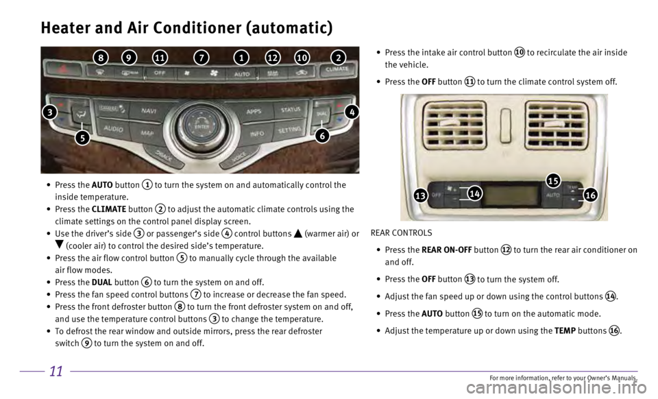 INFINITI QX60 HYBRID 2017 Quick Reference Guide 11
Heater and Air Conditioner (automatic)
• Press the AUTO button 1 to turn the system on and automatically control the
inside temperature.
•
Press the CLIMATE button
2 to adjust INFINITI QX60 HYBRID 2017 Quick Reference Guide 11
Heater and Air Conditioner (automatic)
• Press the AUTO button 1 to turn the system on and automatically control the
inside temperature.
•
Press the CLIMATE button
2 to adjust