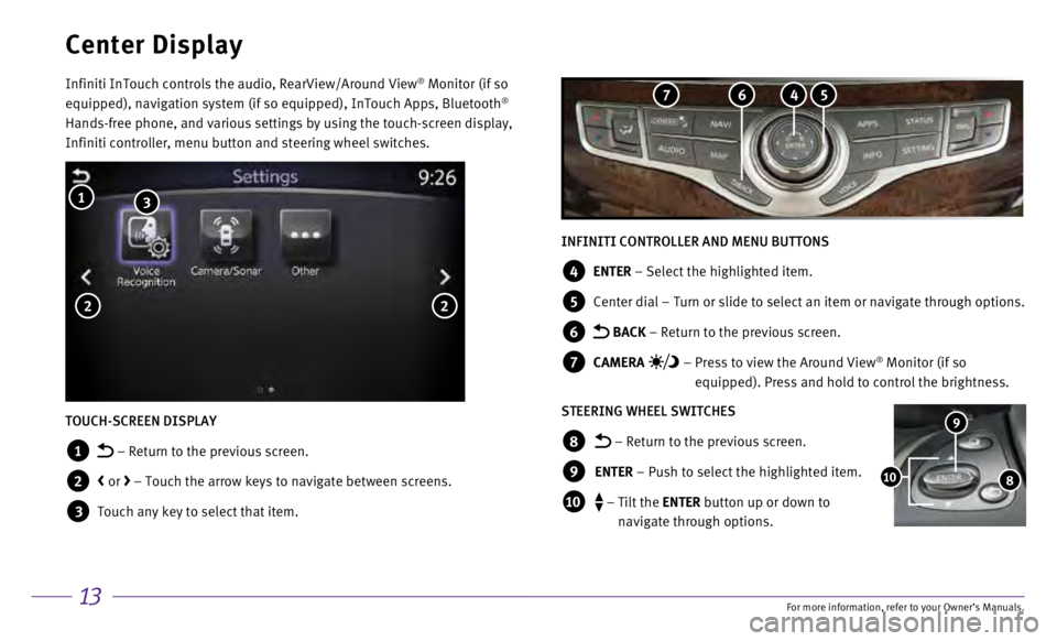 INFINITI QX60 HYBRID 2017 Quick Reference Guide 13
Center Display
Infiniti InTouch controls the audio, RearView/Around View® Monitor (if so
equipped), navigation system (if so equipped), InTouch Apps, Bluetoot\
h®
Hands-free phone, and various INFINITI QX60 HYBRID 2017 Quick Reference Guide 13
Center Display
Infiniti InTouch controls the audio, RearView/Around View® Monitor (if so
equipped), navigation system (if so equipped), InTouch Apps, Bluetoot\
h®
Hands-free phone, and various