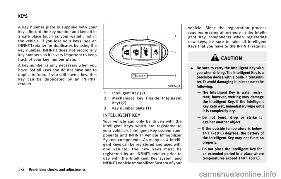 INFINITI QX70 2015  Owners Manual ����1�S�F��E�S�J�W�J�O�H �D�I�F�D�L�T �B�O�E �B�E�K�V�T�U�N�F�O�U�T
�" �L�F�Z �O�V�N�C�F�S �Q�M�B�U�F �J�T �T�V�Q�Q�M�J�F�E �X�J�U�I �Z�P�V�S
�L�F�Z�T� �3�F�D�P�S�E �U�I�F �L�F�Z �O�V�N�C�F�S �B�