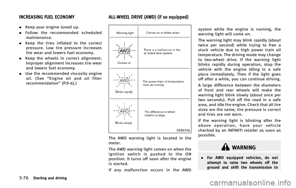 INFINITI QX70 2015  Owners Manual �����4�U�B�S�U�J�O�H �B�O�E �E�S�J�W�J�O�H
.�,�F�F�Q �Z�P�V�S �F�O�H�J�O�F �U�V�O�F�E �V�Q�
.��P�M�M�P�X �U�I�F �S�F�D�P�N�N�F�O�E�F�E �T�D�I�F�E�V�M�F�E
�N�B�J�O�U�F�O�B�O�D�F�
.�,�F�F�Q �U�I�