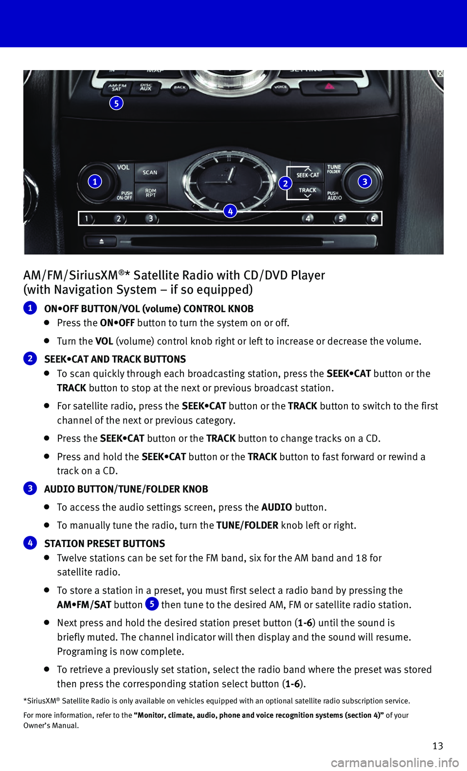 INFINITI QX70 2016  Quick Reference Guide 13
AM/FM/SiriusXM®* Satellite Radio with CD/DVD Player  
(with Navigation System – if so equipped)
1  ON•OFF BUTTON/VOL (volume) CONTROL KNOB 
     Press  the ON•OFF button to turn the system o