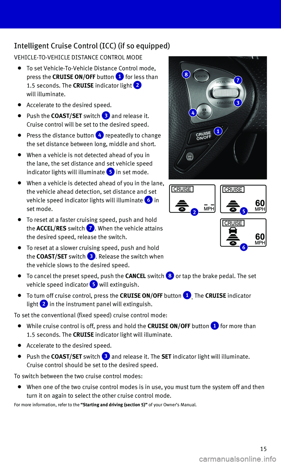 INFINITI QX70 2016 Quick Reference Guide 15
Intelligent Cruise Control (ICC) (if so equipped)
VEHICLE-TO-VEHICLE DISTANCE CONTROL MODE
To set Vehicle-To-Vehicle Distance Control mode,
press the CRUISE ON/OFF button 1 for less than
1.5 INFINITI QX70 2016 Quick Reference Guide 15
Intelligent Cruise Control (ICC) (if so equipped)
VEHICLE-TO-VEHICLE DISTANCE CONTROL MODE
To set Vehicle-To-Vehicle Distance Control mode,
press the CRUISE ON/OFF button 1 for less than
1.5