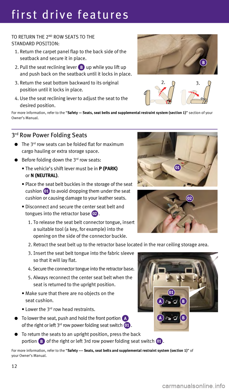 INFINITI QX80 2014  Quick Reference Guide 12
first drive features
TO RETURN THE 2ND ROW SEATS TO THE  
STANDARD POSITION:
 1. 

 
Return the carpet panel flap to the back side of the
  
seatback and secure it in place.
 2. 

 
Pull the seat r