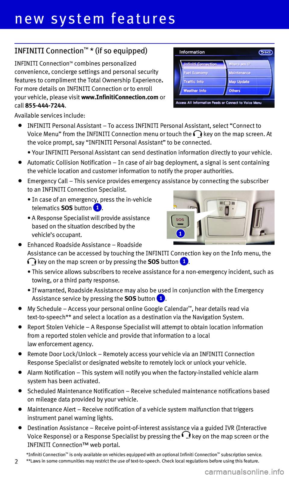 INFINITI QX80 2015  Quick Reference Guide 2*Infiniti Connection™ is only available on vehicles equipped with an optional Infiniti Connec\
tion™ subscription service.**Laws in some communities may restrict the use of text-to-speech. Check\