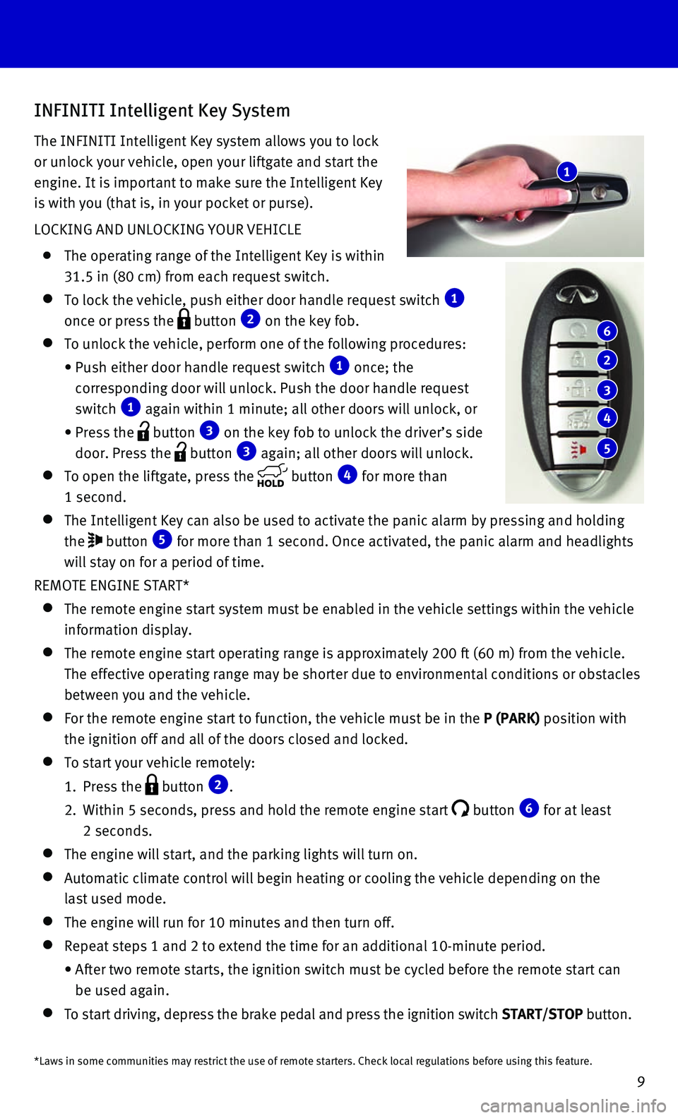 INFINITI QX80 2016 Quick Reference Guide 9
INFINITI Intelligent Key System
The INFINITI Intelligent Key system allows you to lock
or unlock your vehicle, open your liftgate and start the
engine. It is important to make sure the Intelligent INFINITI QX80 2016 Quick Reference Guide 9
INFINITI Intelligent Key System
The INFINITI Intelligent Key system allows you to lock
or unlock your vehicle, open your liftgate and start the
engine. It is important to make sure the Intelligent