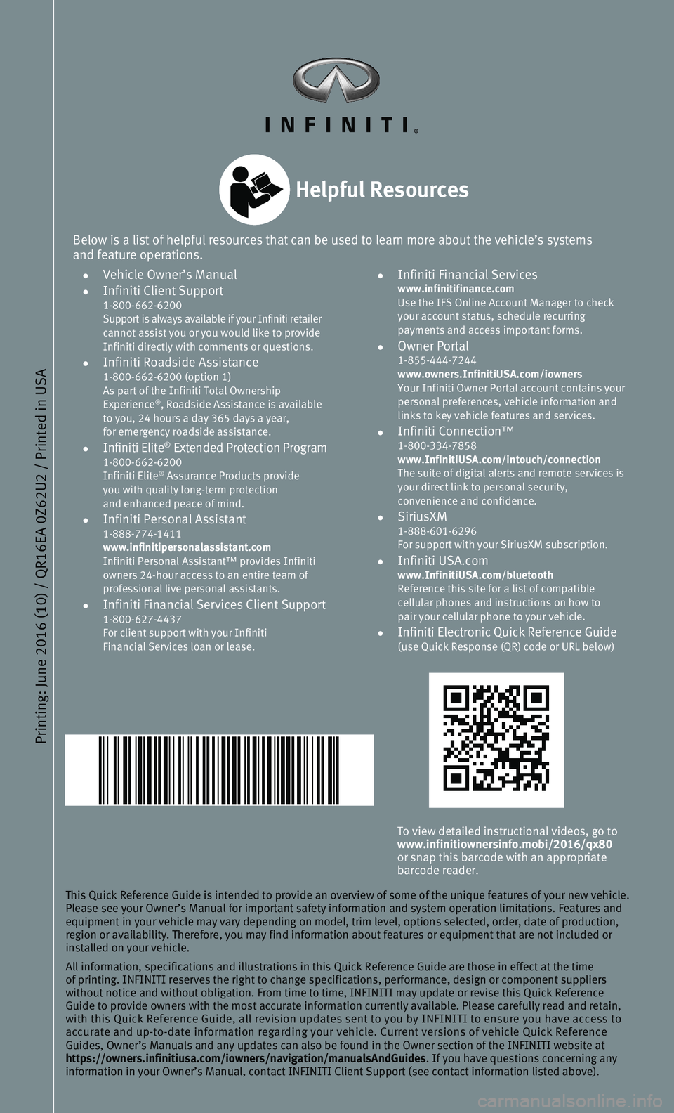INFINITI QX80 2016  Quick Reference Guide Printing: June 2016 (10) / QR16EA 0Z62U2 / Printed in USA 
To view detailed instructional videos, go to www.infinitiownersinfo.mobi/2016/qx80  
or snap this barcode with an appropriate  
barcode reade