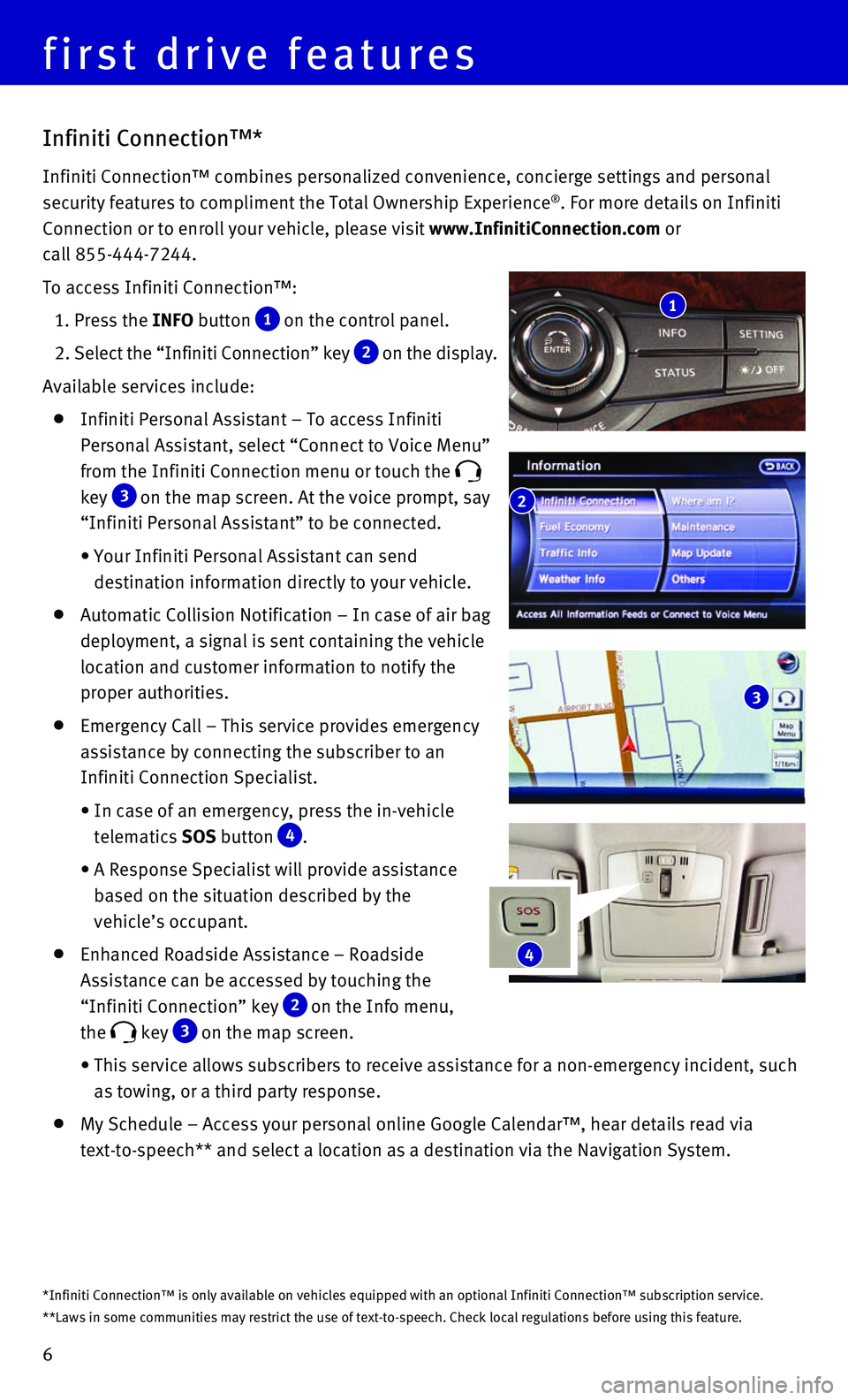 INFINITI QX80 2016  Quick Reference Guide 6
*Infiniti Connection™ is only available on vehicles equipped with an \
optional Infiniti Connection™ subscription service.
**Laws in some communities may restrict the use of text-to-speech. Chec