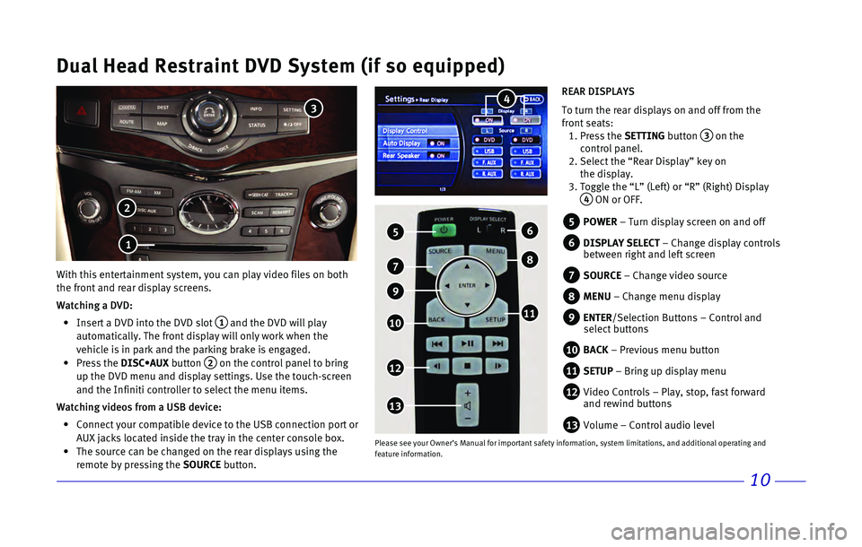 INFINITI QX80 2017  Quick Reference Guide 10
Dual Head Restraint DVD System (if so equipped)
With this entertainment system, you can play video files on both 
the front and rear display screens.
Watching a DVD:
 •   Insert a DVD into the DV