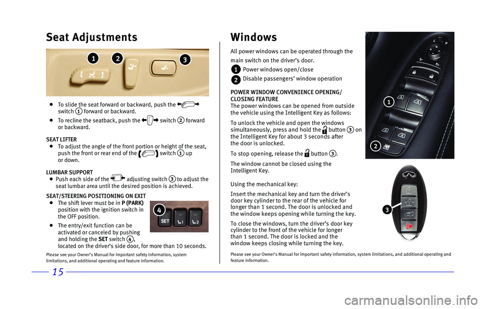 INFINITI QX80 2017 Quick Reference Guide 15
All power windows can be operated through the
main switch on the driver’s door.
1 Power windows open/close
2 Disable passengers’ window operation
POWER WINDOW CONVENIENCE OPENING/
CLOSING F INFINITI QX80 2017 Quick Reference Guide 15
All power windows can be operated through the
main switch on the driver’s door.
1 Power windows open/close
2 Disable passengers’ window operation
POWER WINDOW CONVENIENCE OPENING/
CLOSING F