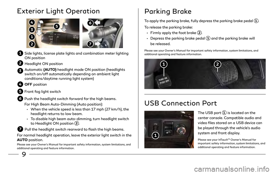 INFINITI QX80 2018  Quick Reference Guide 9
Exterior Light Operation
 6
 7
 3
 4  5
 1
 2
 1  Side lights, license plate lights and combination meter lighting 
ON position
 2  Headlight ON position
 3  Automatic (AUTO)  headlight mode ON posi