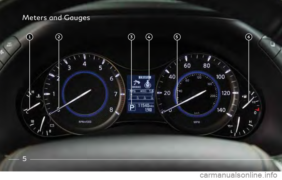 INFINITI QX80 2018  Quick Reference Guide Meters and Gauges
5 6 3 1 2 4
3059068_18a_QX80_US_pQRG_101717.indd   510/17/17   1:15 PM
5   