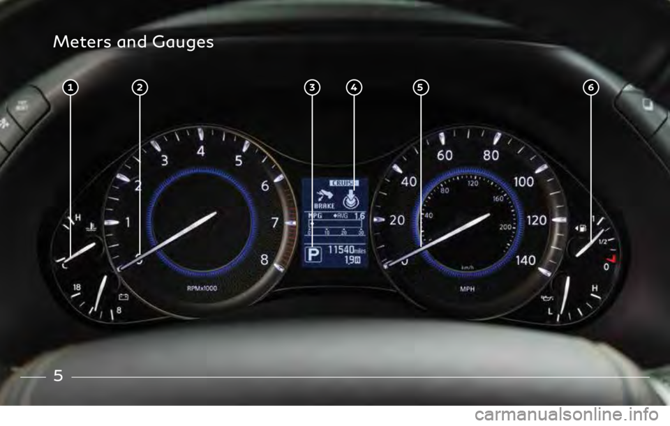 INFINITI QX80 2018 Quick Reference Guide Meters and Gauges
5 6 3 1 2 4
3059068_18a_QX80_US_pQRG_101717.indd 510/17/17 1:15 PM
5 INFINITI QX80 2018 Quick Reference Guide Meters and Gauges
5 6 3 1 2 4
3059068_18a_QX80_US_pQRG_101717.indd 510/17/17 1:15 PM
5