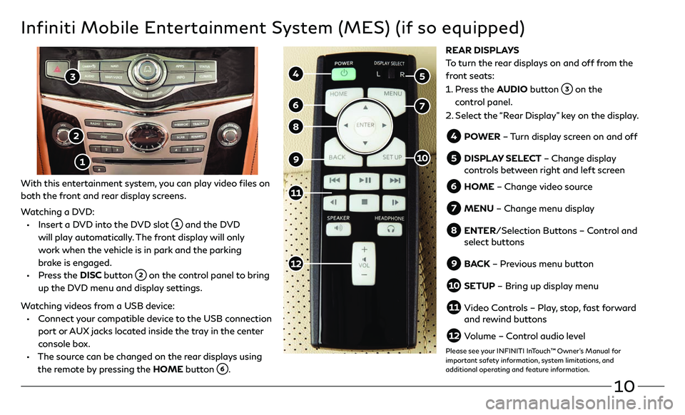 INFINITI QX80 2019 Quick Reference Guide 10
Infiniti Mobile Entertainment System (MES) (if so equipped)
With this entertainment system, you can play video files on
both the front and rear display screens.
Watching a DVD:
• Insert a D V INFINITI QX80 2019 Quick Reference Guide 10
Infiniti Mobile Entertainment System (MES) (if so equipped)
With this entertainment system, you can play video files on
both the front and rear display screens.
Watching a DVD:
• Insert a D V