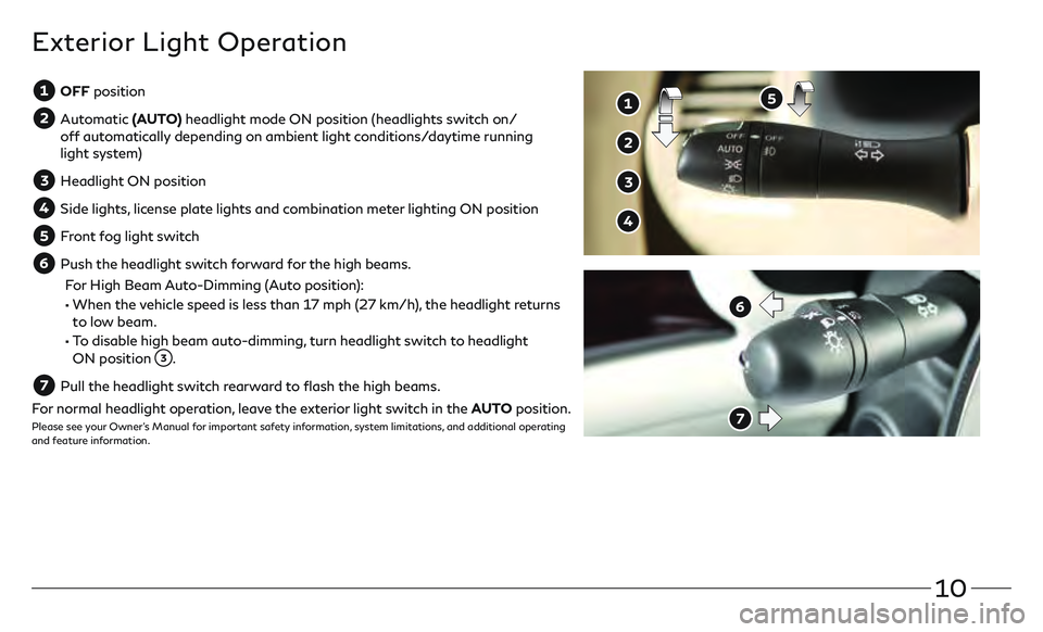 INFINITI QX80 2020  Quick Reference Guide 10
  OFF position
  Automatic (AUTO) headlight mode ON position (headlights switch on/
off automatically depending on ambient light conditions/daytime running 
light system)
  Headlight ON position
  