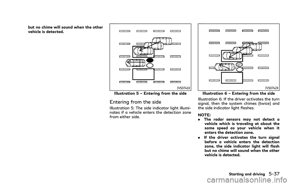 INFINITI QX80 2020 Owners Guide but no chime will sound when the other
vehicle is detected.
JVS0741X
Illustration 5 – Entering from the side
Entering from the side
Illustration 5: The side indicator light illumi-
nates if a vehicl INFINITI QX80 2020 Owners Guide but no chime will sound when the other
vehicle is detected.
JVS0741X
Illustration 5 – Entering from the side
Entering from the side
Illustration 5: The side indicator light illumi-
nates if a vehicl