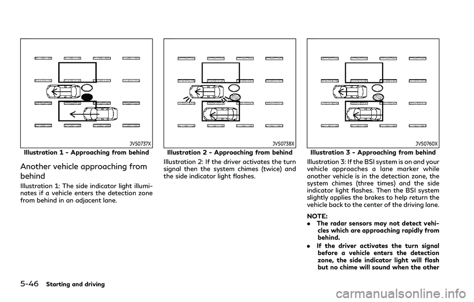 INFINITI QX80 2020 Owners Manual 5-46Starting and driving
JVS0737X
Illustration 1 - Approaching from behind
Another vehicle approaching from
behind
Illustration 1: The side indicator light illumi-
nates if a vehicle enters the detect INFINITI QX80 2020 Owners Manual 5-46Starting and driving
JVS0737X
Illustration 1 - Approaching from behind
Another vehicle approaching from
behind
Illustration 1: The side indicator light illumi-
nates if a vehicle enters the detect