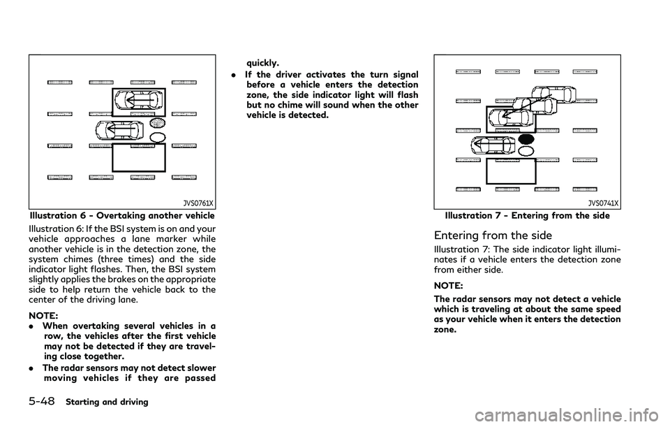 INFINITI QX80 2020 Owners Manual 5-48Starting and driving
JVS0761X
Illustration 6 - Overtaking another vehicle
Illustration 6: If the BSI system is on and your
vehicle approaches a lane marker while
another vehicle is in the detectio INFINITI QX80 2020 Owners Manual 5-48Starting and driving
JVS0761X
Illustration 6 - Overtaking another vehicle
Illustration 6: If the BSI system is on and your
vehicle approaches a lane marker while
another vehicle is in the detectio