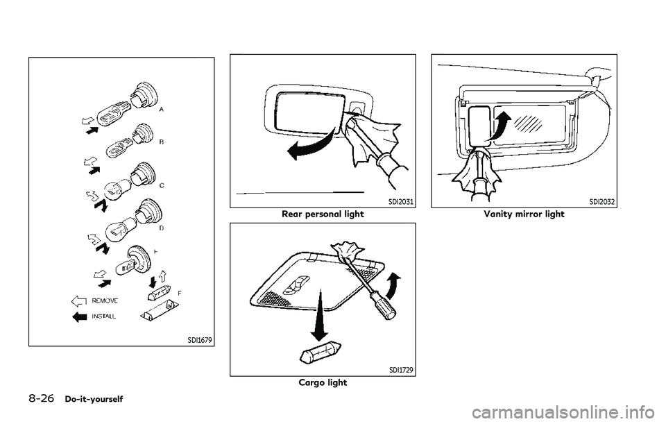 INFINITI QX80 2020 Owners Manual 8-26Do-it-yourself
SDI1679
SDI2031
Rear personal light
SDI1729
Cargo light
SDI2032
Vanity mirror light INFINITI QX80 2020 Owners Manual 8-26Do-it-yourself
SDI1679
SDI2031
Rear personal light
SDI1729
Cargo light
SDI2032
Vanity mirror light